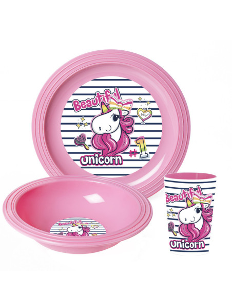 Set Licorne de 3 pièces petit déjeuner enfant (bol, verre, et assiette)