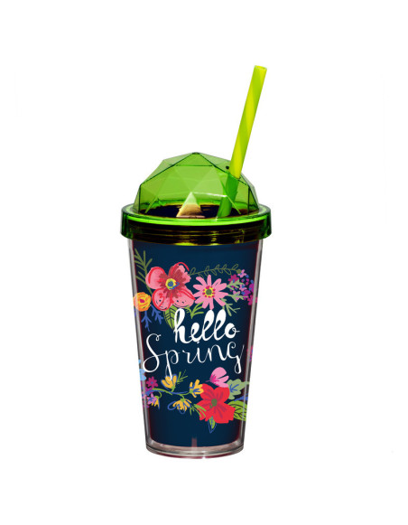 Gobelet thermo 540ml avec paille, décor Printemps, type : Diamant 