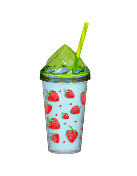 Gobelet thermo 540ml avec paille, décor Fraise, type : Glace 