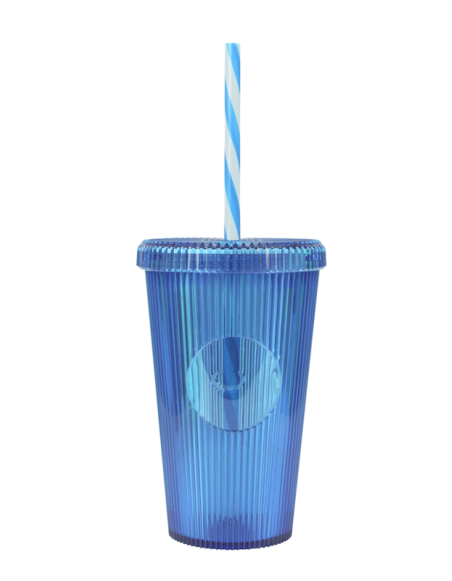 Gobelet 660ml strié neutre avec paille Couleur:Bleu