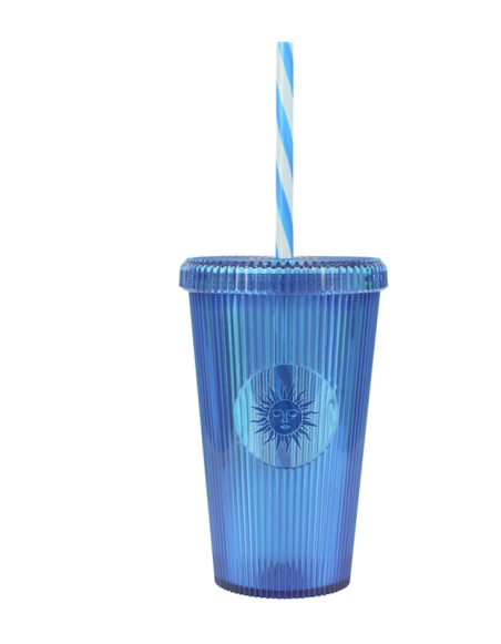 Gobelet 660ml strié décor soleil avec paille Couleur:Bleu