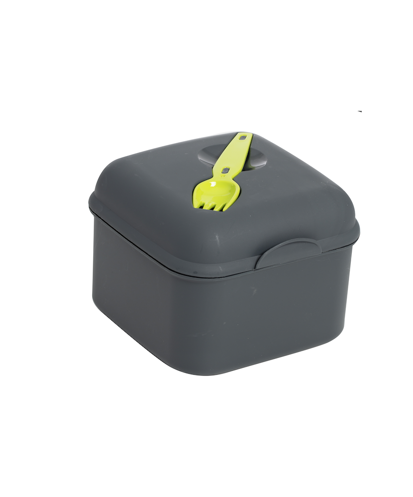 Boîte pique-nique grise avec saucière et fourchette